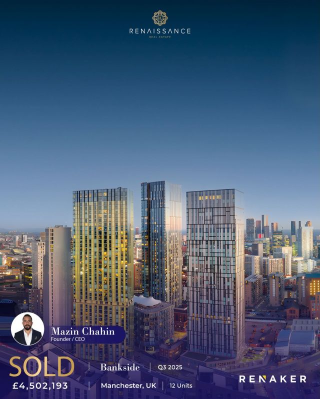 SOLD | Bankside – Manchester, UK
12 Units | GBP 4.5M | AED 22.2M

Congratulations to Mazin Chahin on the successful sale of 12 units at Bankside, a 42-storey luxury residential building and the first tower released for sale within the Colliers Yard neighborhood. The tower offers 1, 2, and 3-bedroom apartments and penthouses, along with exceptional residential amenities.

#ManchesterRealEstate #Bankside #ColliersYard #Sold #LuxuryLiving