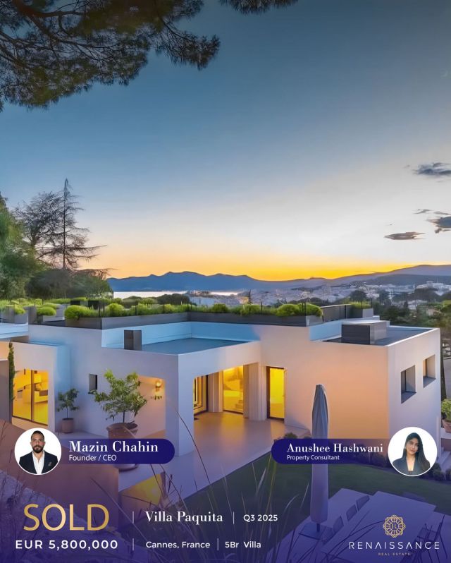 SOLD | Villa Paquita – Cannes, France
5BR Villa | EUR 5.8M | AED 24M

Congratulations to Mazin Chahin and Anushee Hashwani on the successful sale of a 5-bedroom villa, an elegant 450 m² property on a 3,000 m² landscaped plot in Californie. Featuring a 17x4 m pool, spacious living areas, a cinema room, a wine cellar, and a rooftop terrace, it offers stunning views of the Bay of Cannes and the Estérel mountains — perfect for serene Riviera living.

#CannesRealEstate #VillaPaquita #FrenchRiviera #LuxuryLiving #Sold