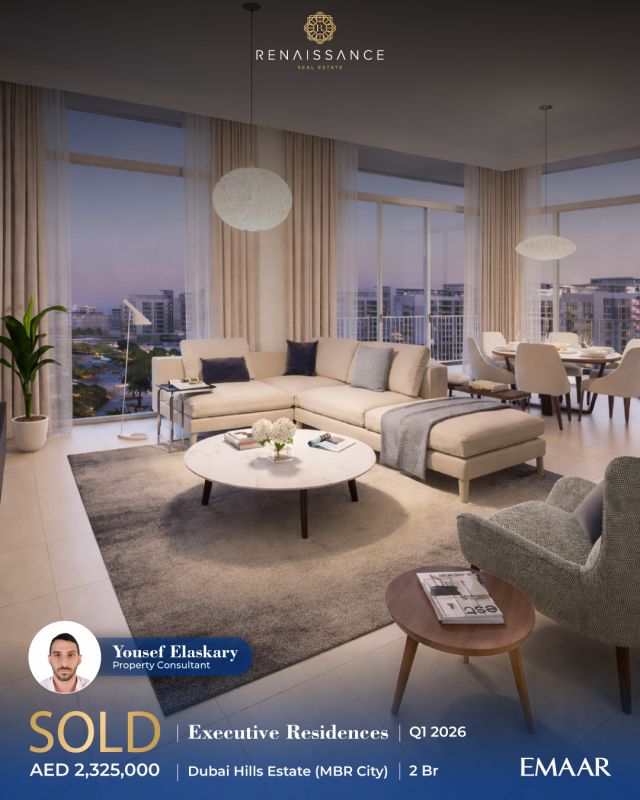 SOLD | Executive Residences – Dubai Hills Estate
1 Unit - 2 Br | AED 2.3M | USD 633K

Congratulations Yousef on the successful sale of a 2-bedroom apartment at Executive Residences, a distinguished development by Emaar Properties in Dubai Hills Estate, part of MBR City.

Executive Residences offers a modern “work-live-play” lifestyle, with premium amenities such as an infinity-edge pool, fully equipped gym, and a dedicated business café with meeting rooms, creating a seamless home-office experience. Located within the community, residents enjoy direct access to Dubai Hills Park and are just steps away from Dubai Hills Mall, combining luxury living with greenery, convenience, and vibrant retail and dining.

#DubaiRealEstate #DubaiHillsEstate #Emaar #LuxuryLiving #Sold