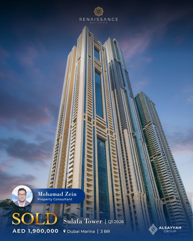SOLD | Sulafa Tower – Dubai Marina
3 BR | AED 1.90M | USD 517K

Congratulations to Mohamad Zein on the successful sale of a 3-bedroom apartment at Sulafa Tower, a prestigious development by Al Sayyah Group in Dubai Marina.

Sulafa Tower offers modern residences with views of Dubai Marina, ideally located near Media City and Palm Jumeirah. Residents enjoy access to a gym, swimming pool, jacuzzi, and advanced security systems, creating a comfortable and well-connected urban lifestyle.

#DubaiRealEstate #SulafaTower #DubaiMarina #AlSayyahGroup #Sold