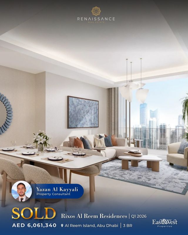 SOLD | Rixos Al Reem Residences – Abu Dhabi
3 BR | AED 6.06M | USD 1.65M

Congratulations to Yazan Al Kayyali on the successful sale of a 3-bedroom apartment at Rixos Residences Al Reem Island, a landmark waterfront development by East & West Properties.

Rixos Al Reem Residences offers a refined waterfront lifestyle where urban energy meets island calm, featuring expansive terraces, panoramic skyline views, and hotel-inspired amenities including concierge services, wellness spaces, and family-friendly facilities.

#AbuDhabiRealEstate #AlReemIsland #RixosResidences #Sold #LuxuryLiving